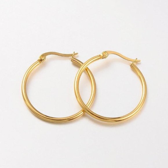 Big 30mm Stainless Steel Hoop Pierced Post Stud Earrings Gold Tone Large Open Po - Picture 4 of 7